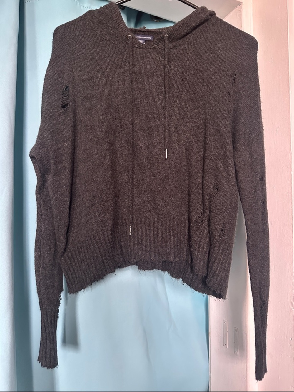 American Eagle Outfitters Charcoal Distressed Hooded Sweater